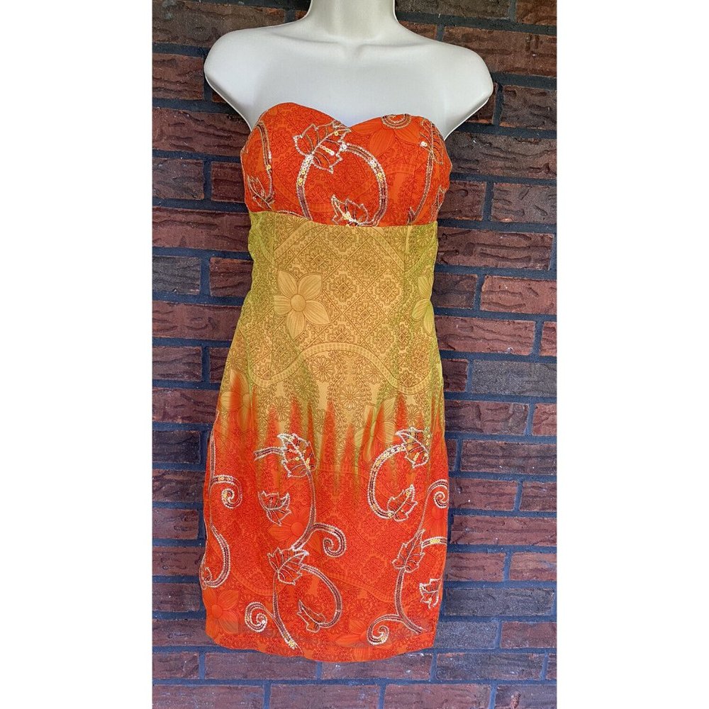 Small Strapless Padded Bra Orange Beaded Sundress Back Zipper Lined Hand Sewn